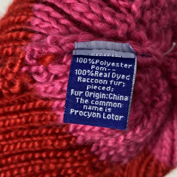 Hat Attack Womens Fur Pom Pom Knit Happy Stripes Beanie NWOT Red/Pink/Yellow - Picture 6 of 6